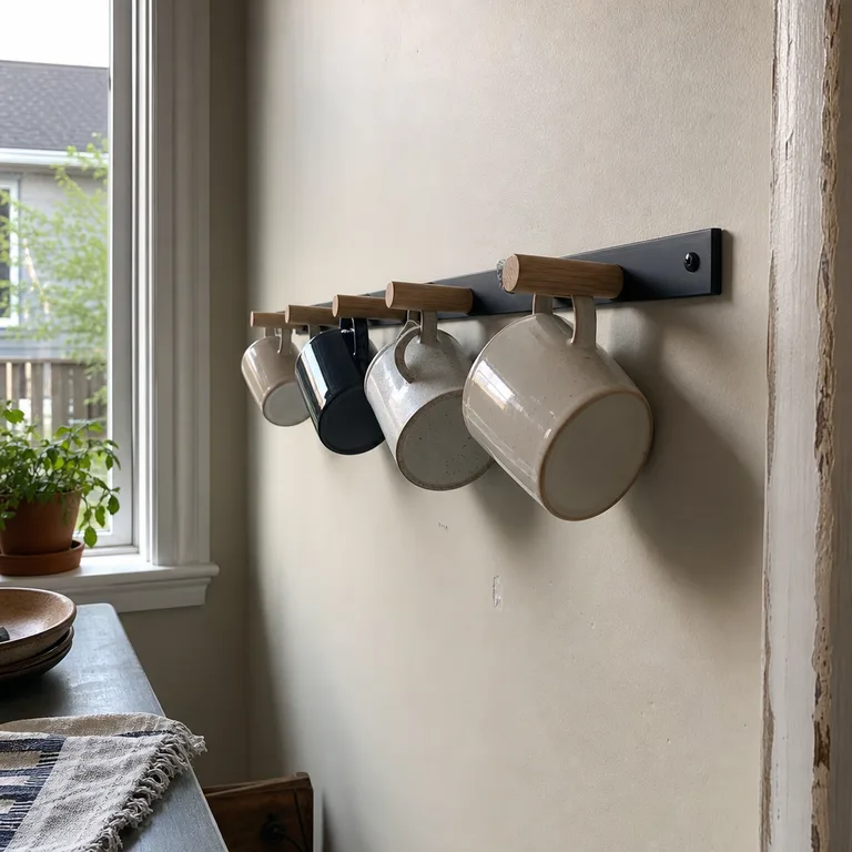 Mismatched mugs hanging from a short wall-mounted rail with wooden pegs in a small kitchen.