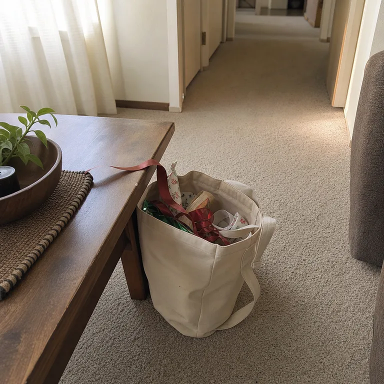 An open canvas bag beside a coffee table collects wrapping paper without blocking the living-room walkway.
