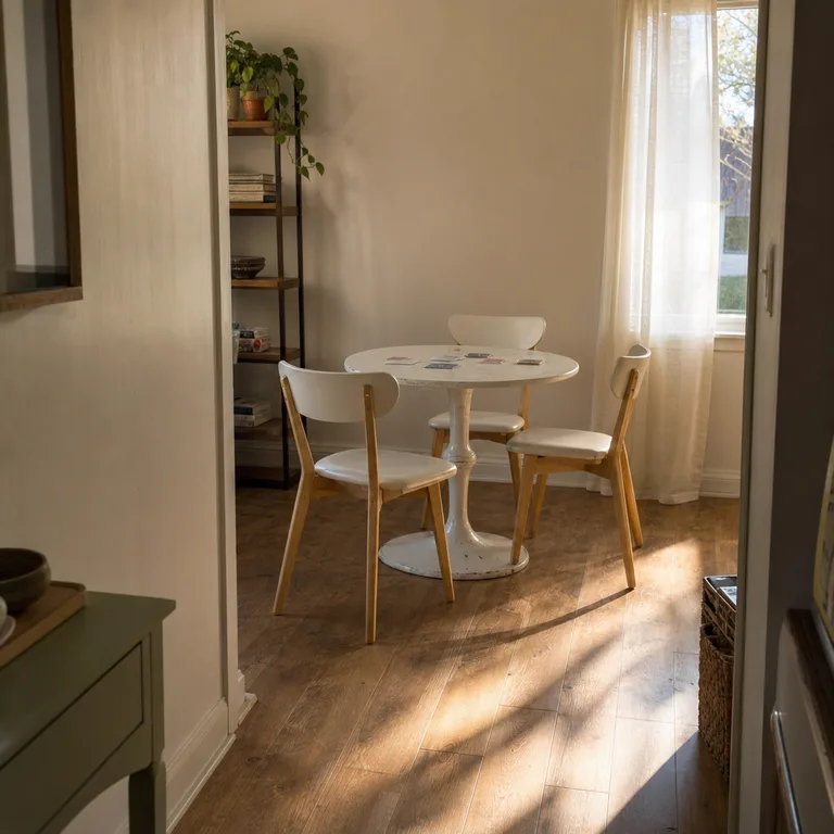 A small round table in a living-room corner set for a card game.