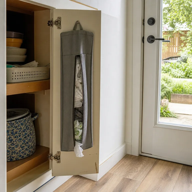 A narrow fabric bag dispenser mounted inside a lower kitchen cabinet door near an exterior door.