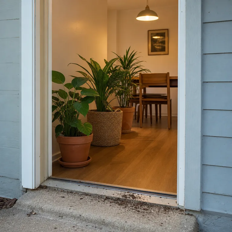 Potted houseplants are staged from a patio doorway into an indoor room during their seasonal transition.