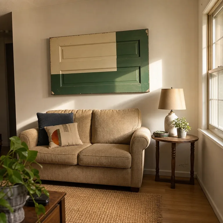 A salvaged interior door painted in cream and green blocks and mounted as large art above a tan loveseat.