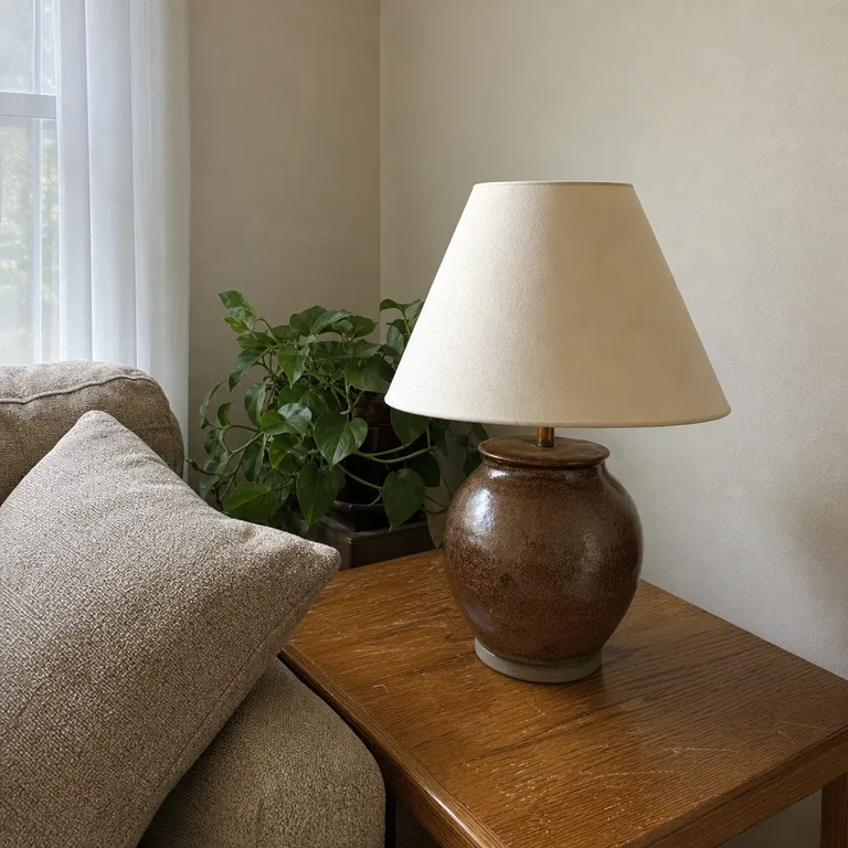 Ivory tapered fabric shade on a brown ceramic lamp base beside a sofa in an ordinary living room.