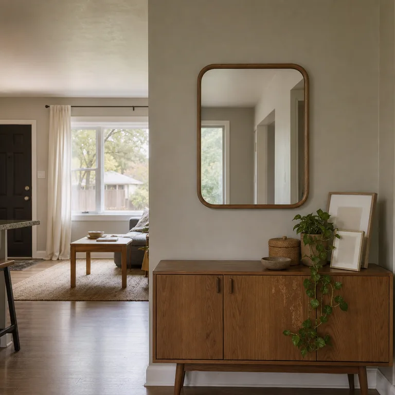 Rounded-corner mirror over an oak credenza with ceramic frames, a lidded woven box, and a small plant.