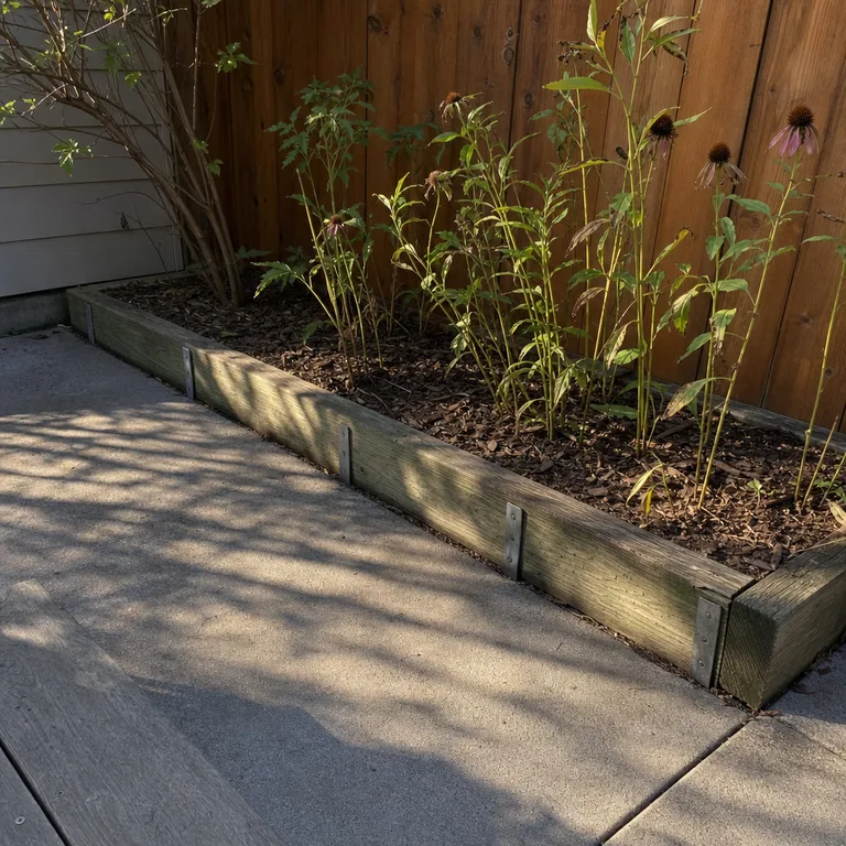 Short timber edging framing a rectangular mulched bed beside a cedar fence.