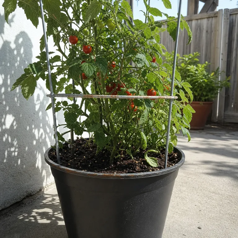 Galvanized tomato cage holding a compact tomato plant in a patio container.