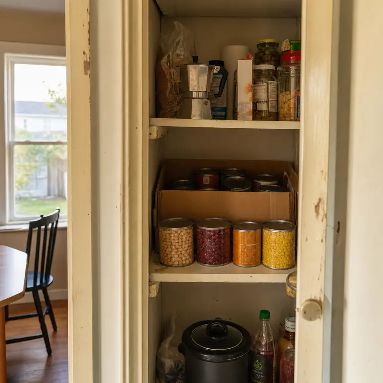 A plain open box holds backup cans at the back of a pantry shelf.