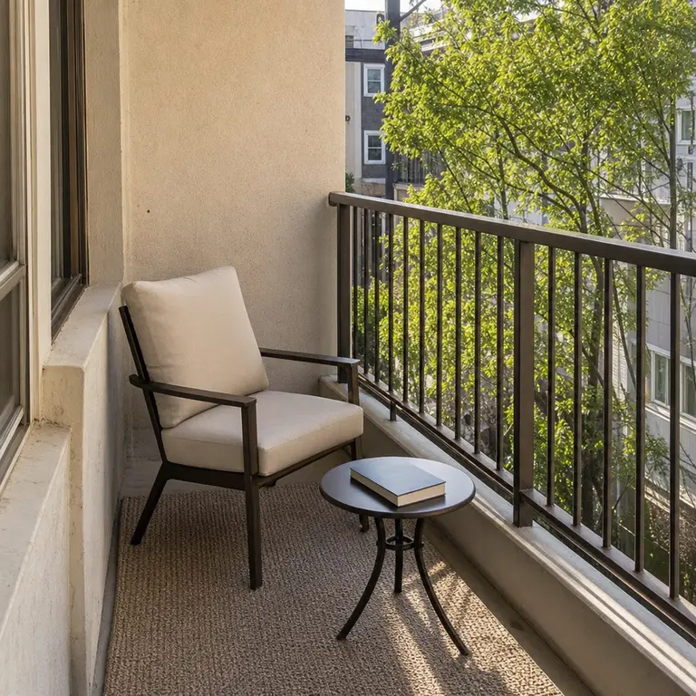 A single cushioned chair and side table make a quiet balcony reading nook.