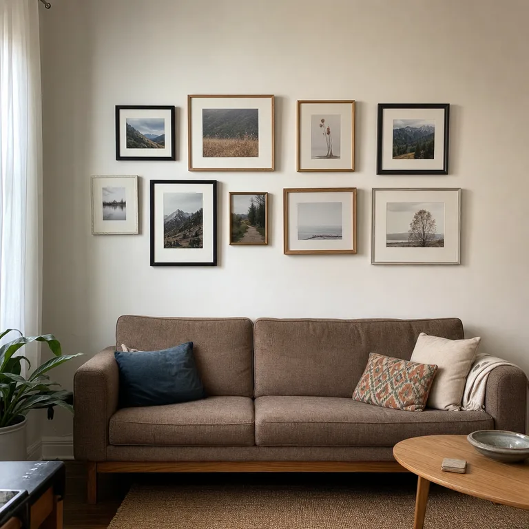 Mismatched frames on a living-room wall arranged with one consistent gap between each frame.