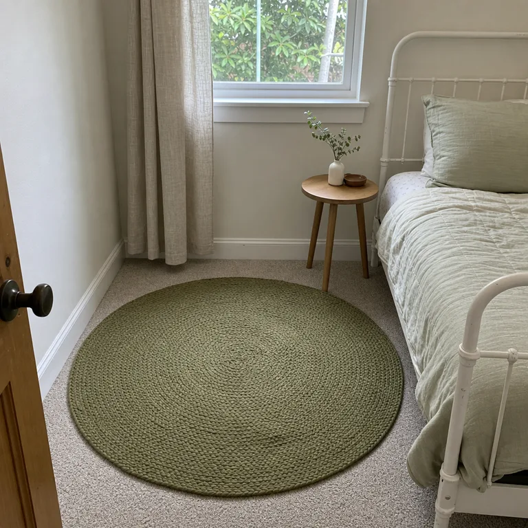 Round olive rug forming a small bedside zone next to a twin bed on carpet.