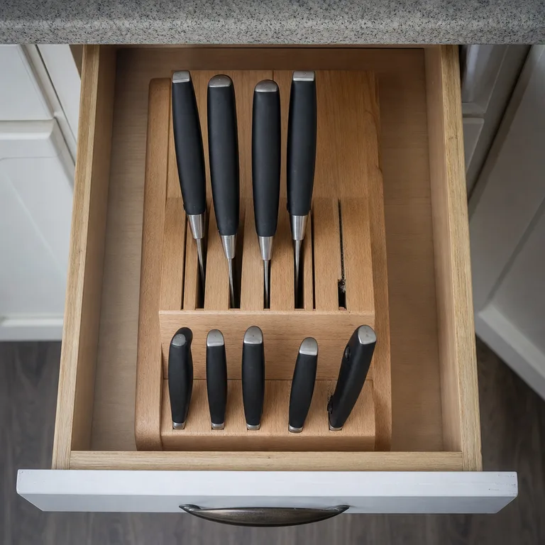 Shallow kitchen drawer with a low knife block holding kitchen knives safely apart.