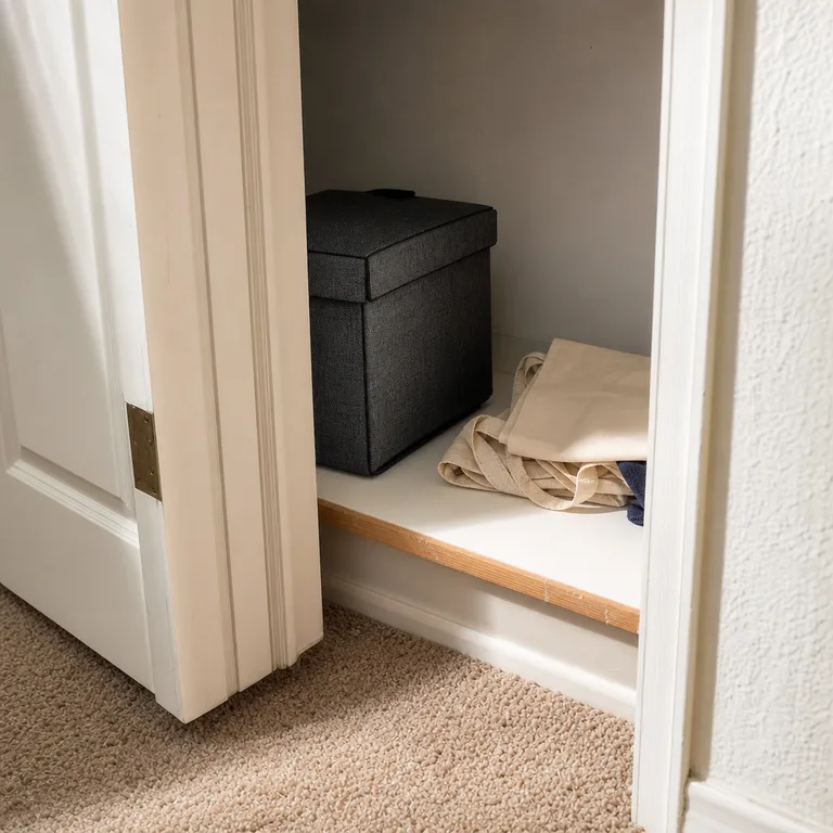 A closed fabric document box sits on a lower closet shelf away from the entry surface.