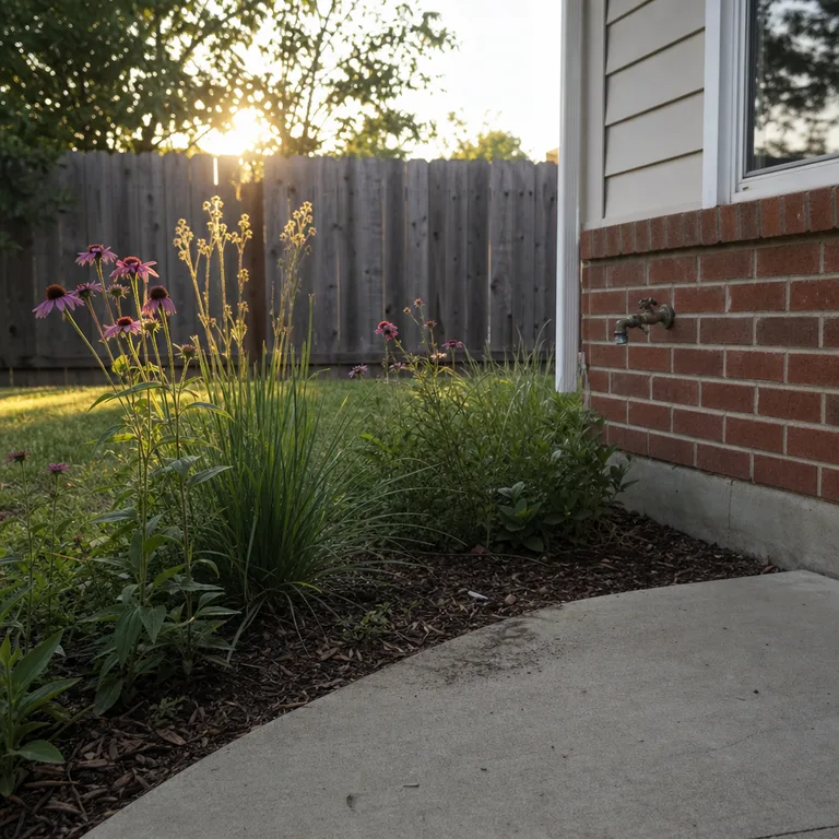A compact perennial border softens a bare corner beside a brick patio.