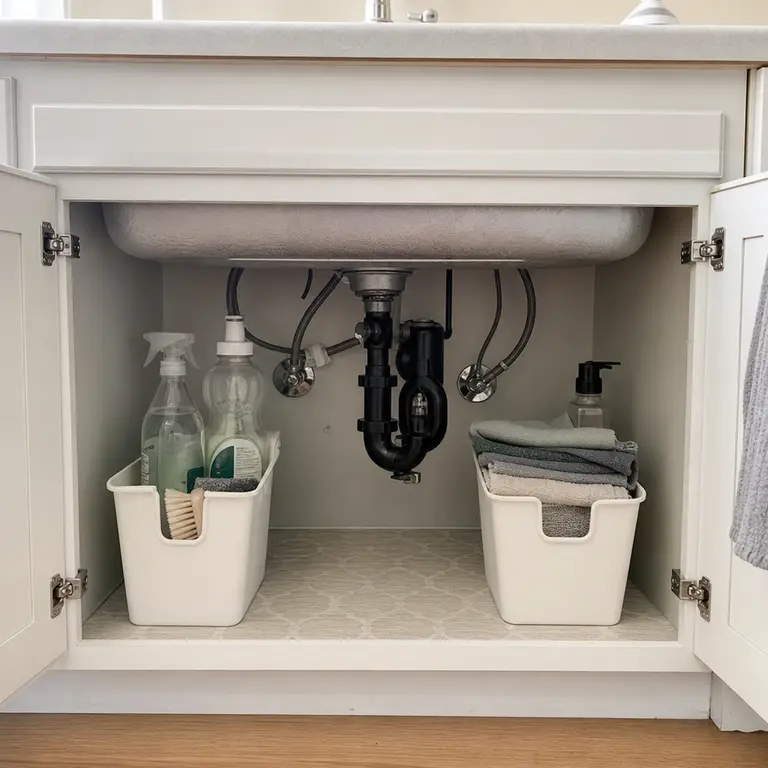 Two narrow storage bins fit on either side of drain pipes in a kitchen sink cabinet.
