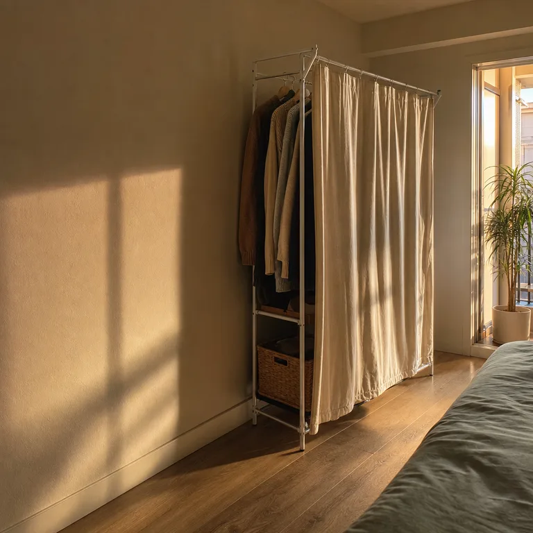 An open bedroom clothing rail partly hidden behind an oatmeal curtain on a freestanding frame.