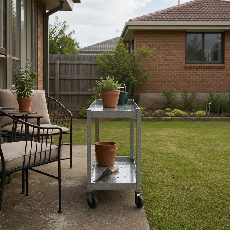 A narrow wheeled metal cart marks the transition between patio seating and open backyard lawn.