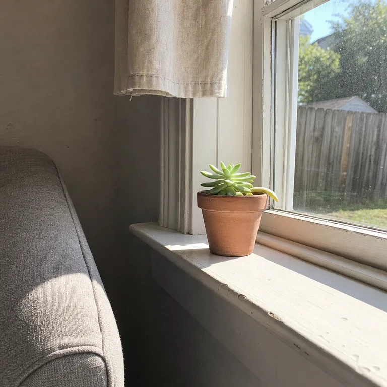 One compact potted plant is centered on a clear sunny windowsill.