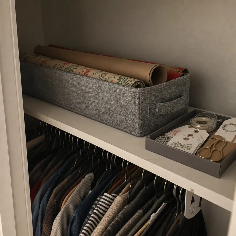 A fabric bin on a bedroom closet shelf holding wrapping-paper rolls above hanging clothes.
