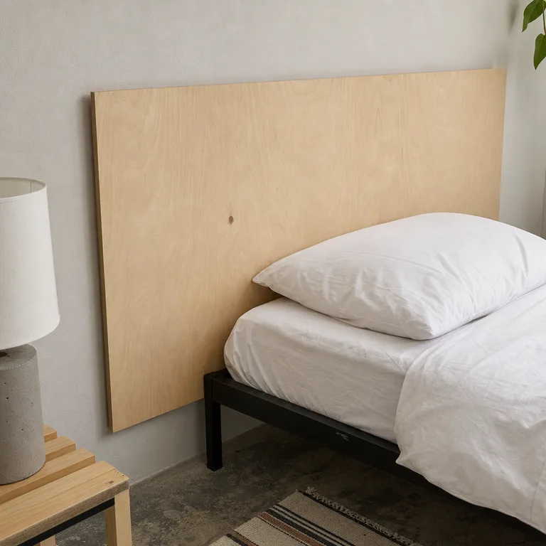 Pale birch plywood panel mounted behind a simple black steel bed frame.