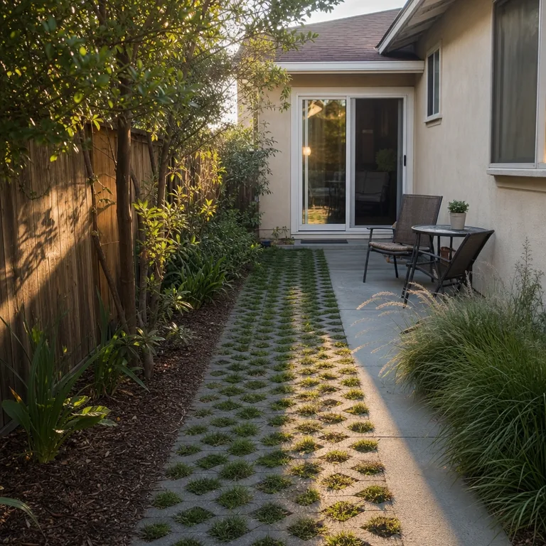 Grass-filled grid pavers create a straight route from a patio door through a small backyard.