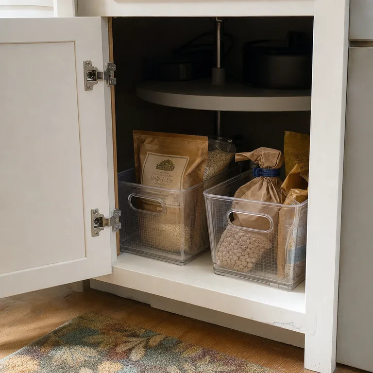 Handled clear bins pulled forward from a deep blind-corner kitchen cabinet.