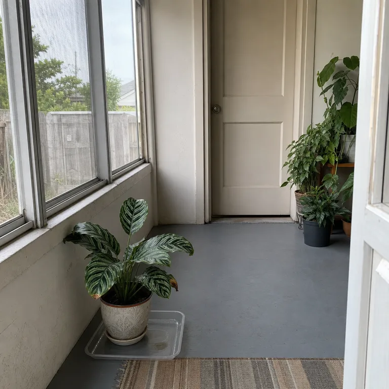 A single potted houseplant is isolated on a tray in a bright enclosed porch.