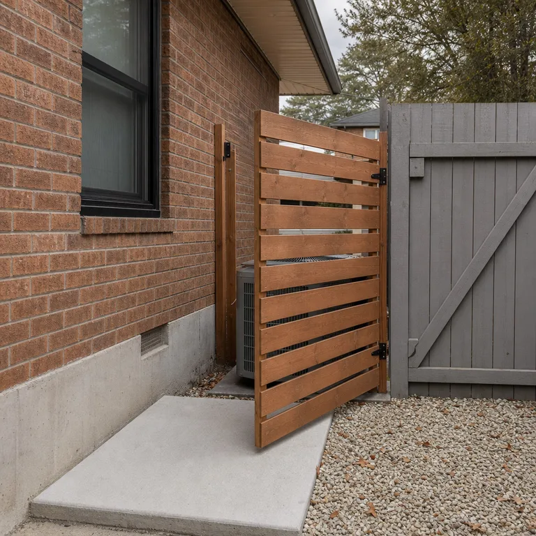 Hinged cedar slatted screen partially covering utility equipment beside a brick house in a narrow side yard.