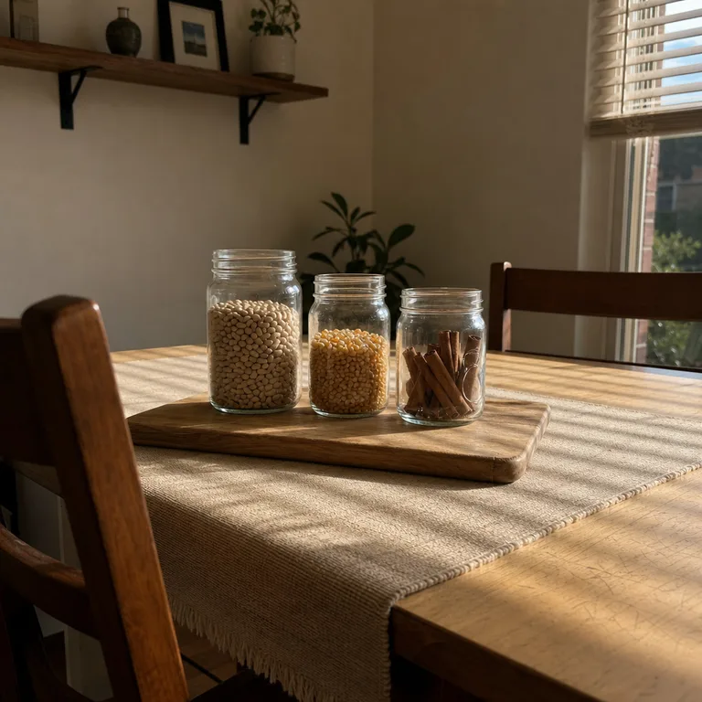 Three glass pantry jars sit on a worn wooden cutting board over a linen runner.