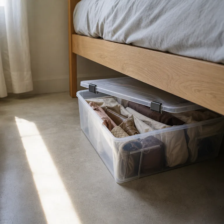 Seasonal handbags protected in a low storage box under a bed.