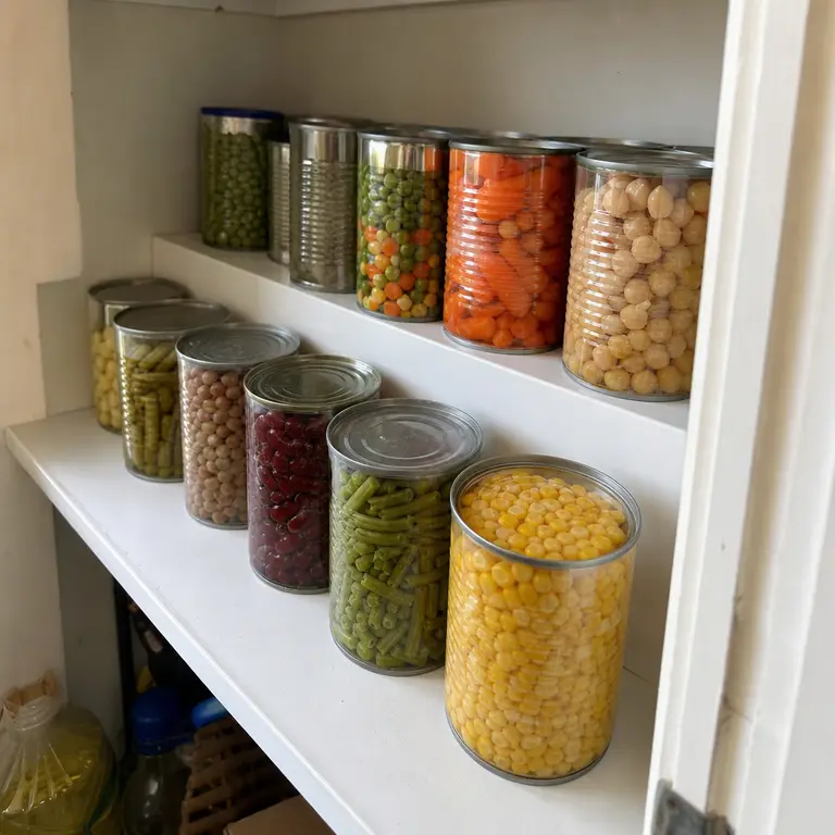 Canned food arranged in visible rows on a pantry shelf riser.