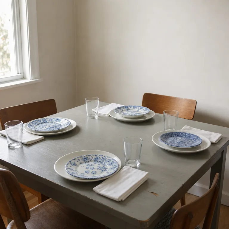 Blue-and-white patterned side plates are layered over plain white dinner plates on a small table.
