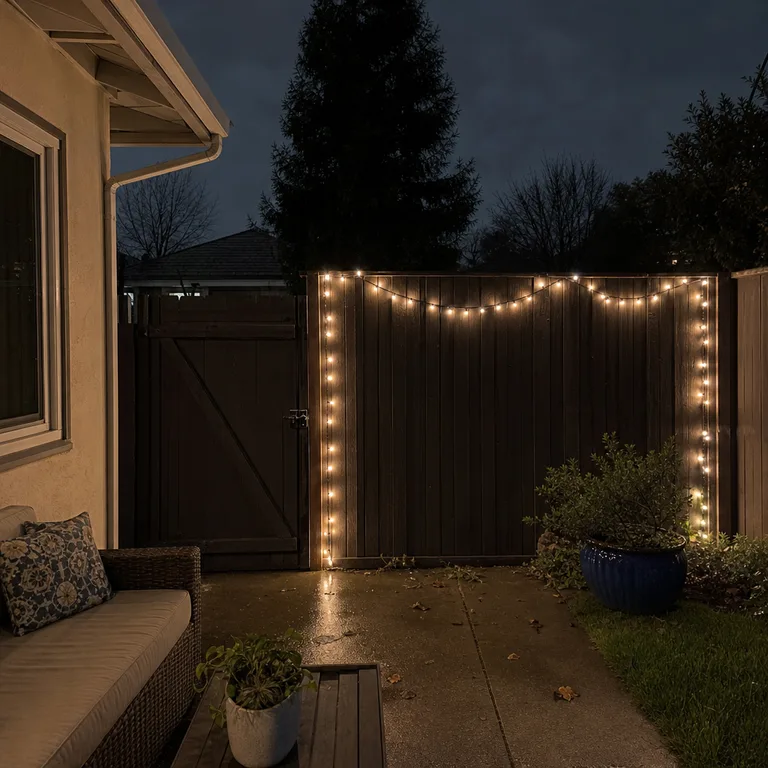 Warm white outdoor lights outlining a fixed dark wood fence panel while the adjacent gate remains clear.