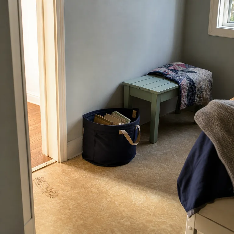 A handled canvas basket near a bedroom door separates borrowed library books from other books.