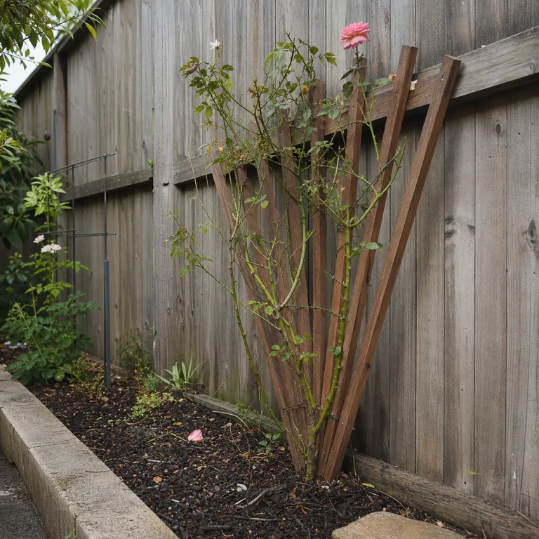 Wooden fan trellis supporting a climbing rose in a narrow border beside a timber fence.