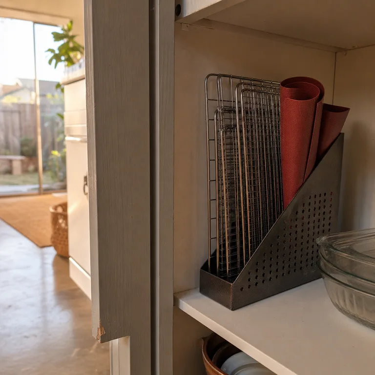 Metal magazine holder storing cooling racks and silicone baking mats vertically.