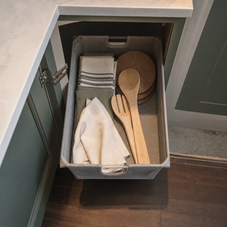Wide fabric basket holding serving supplies in a blind-corner cabinet.