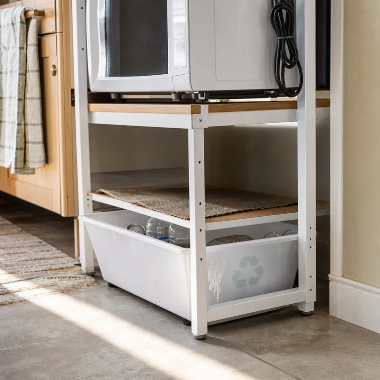 Low recycling bin sliding under an open microwave cart shelf.