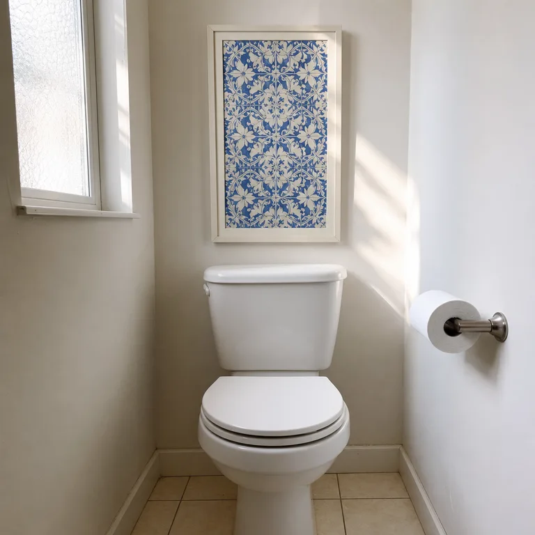 Blue and cream tile-pattern print in a white frame above a compact toilet.