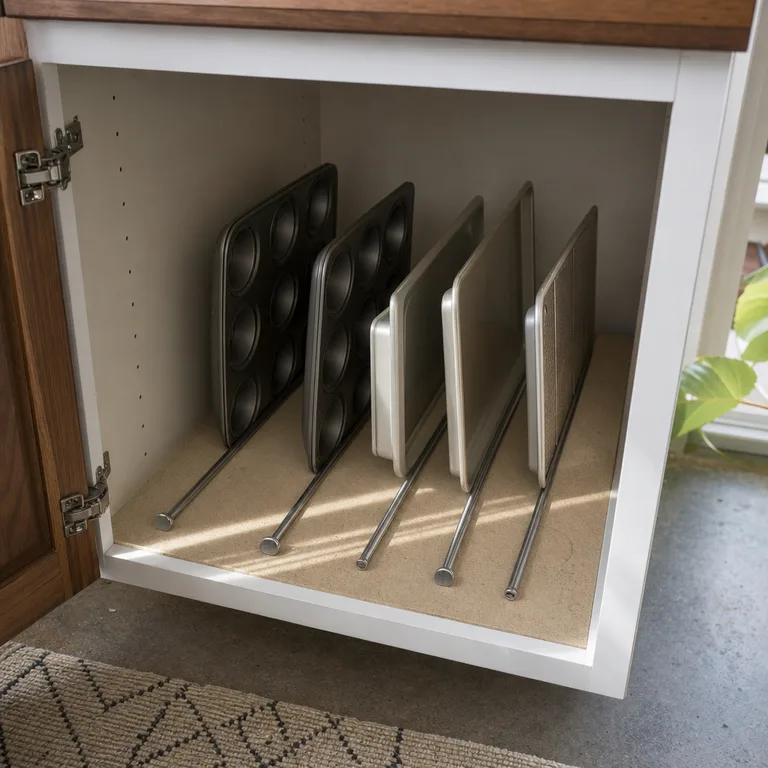Tension rods forming upright storage channels for muffin tins and shallow trays.