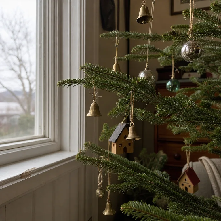 Small bells and miniature ornaments hang in close clusters on tree branches.