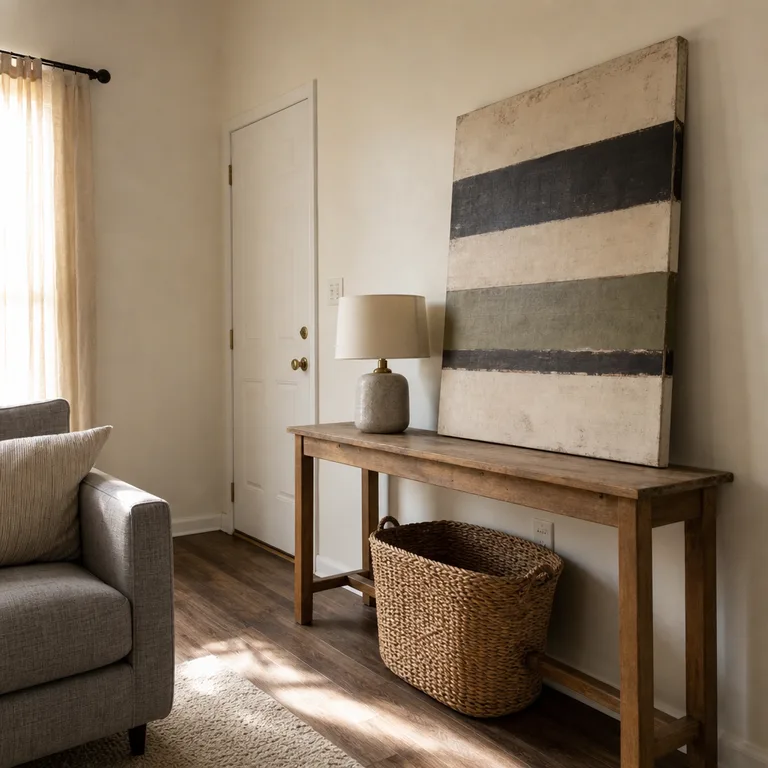 A large striped canvas leaning on a console table in a living room.