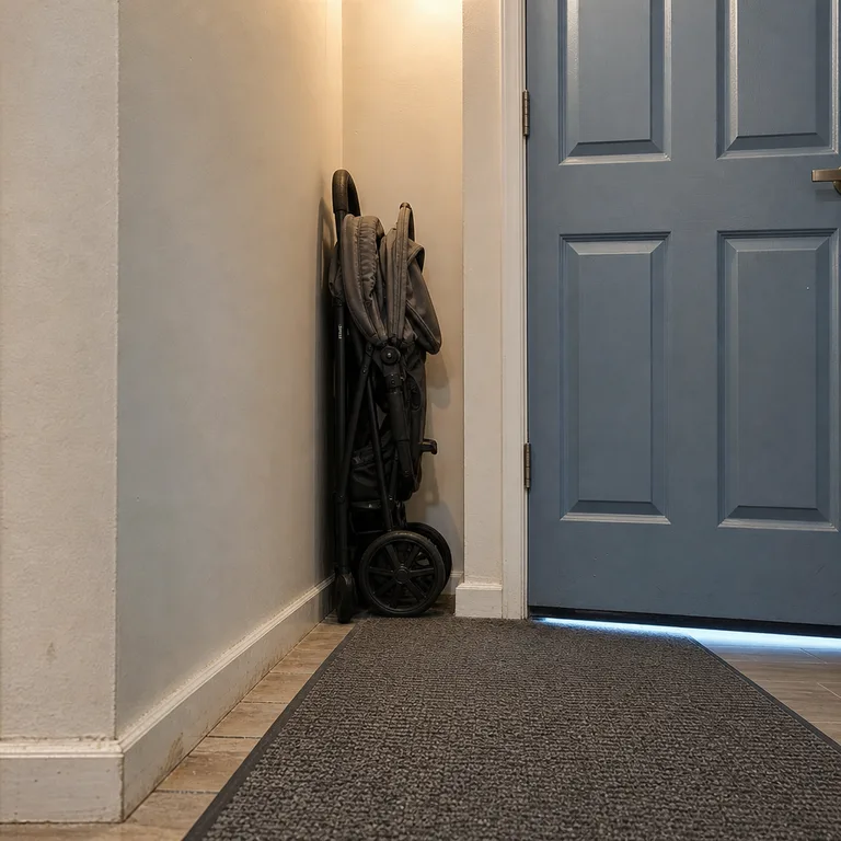 Upright folded stroller tucked into a shallow recess beside an apartment entry door.