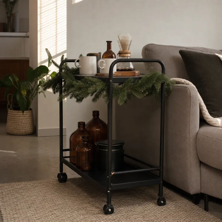 A small black bar cart is dressed with faux pine garland, mugs, a wooden tray, and unlabelled amber bottles.