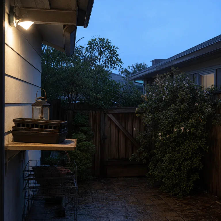Small patio accessories stored on a covered wall shelf for winter.