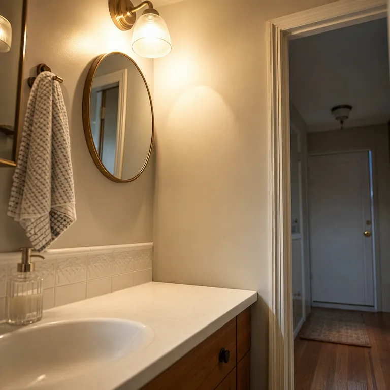 Small round brass-tone mirror mounted on the narrow wall beside a bathroom vanity.