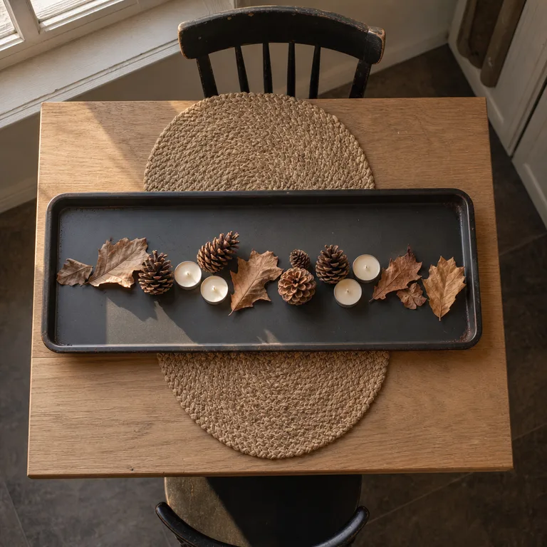 A dark rimmed baking sheet holds tea lights, pinecones, and brown leaves on a compact dining table.