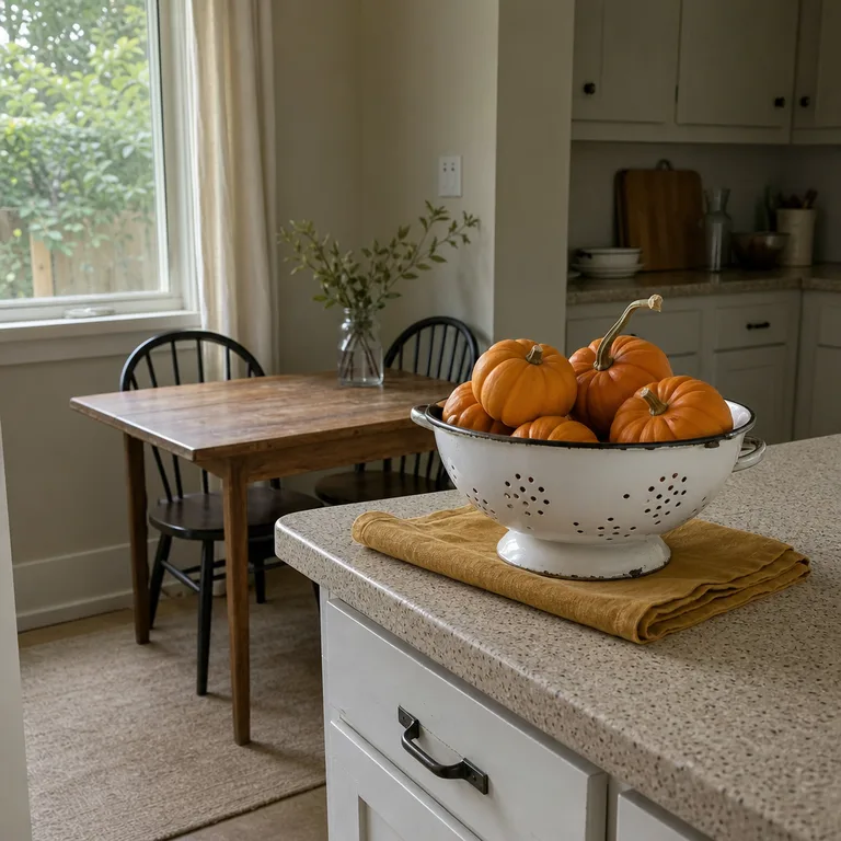 A white enamel colander filled with mini pumpkins rests on a mustard linen napkin.