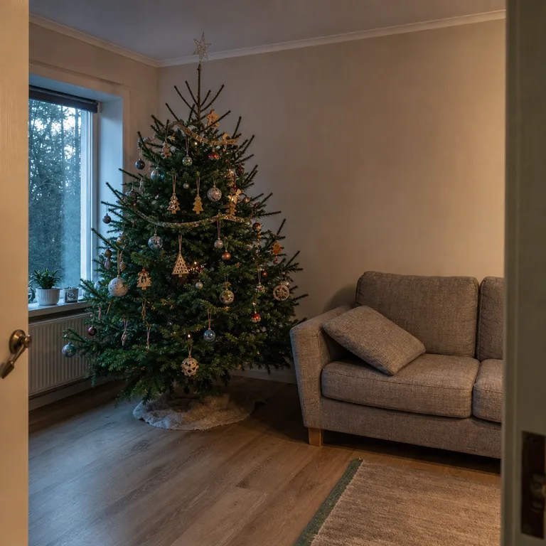 A full mixed-ornament Christmas tree is viewed from the living-room doorway.