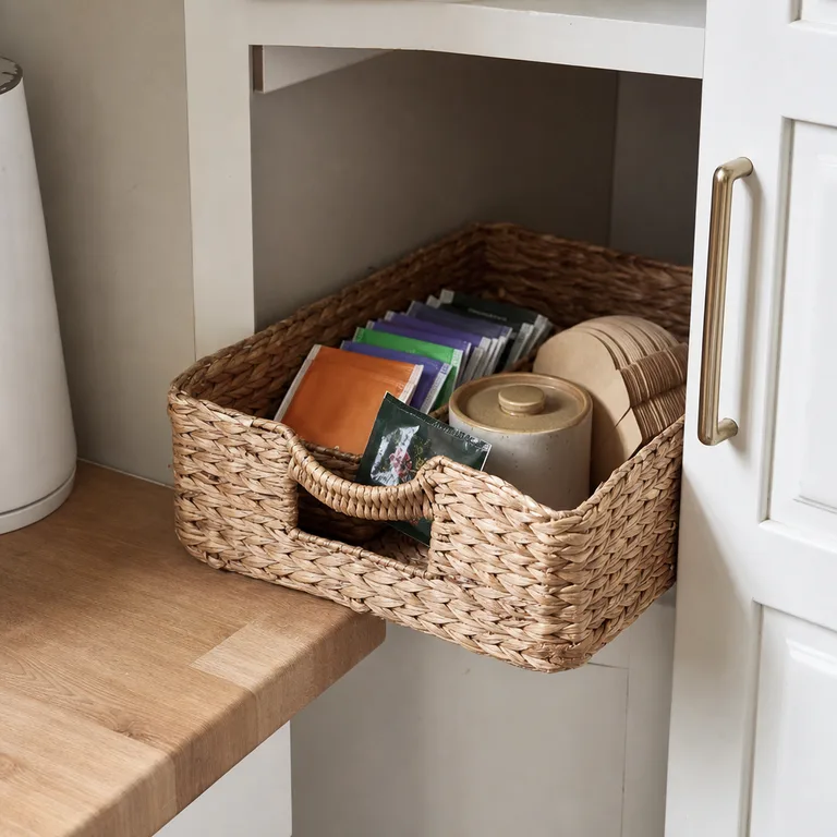 Woven handled basket for tea and coffee supplies in a corner cabinet.