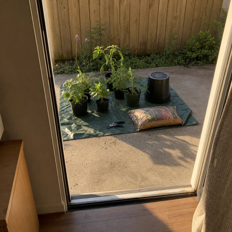 A green tarp on a small concrete patio holds pots, soil, and basic repotting tools.